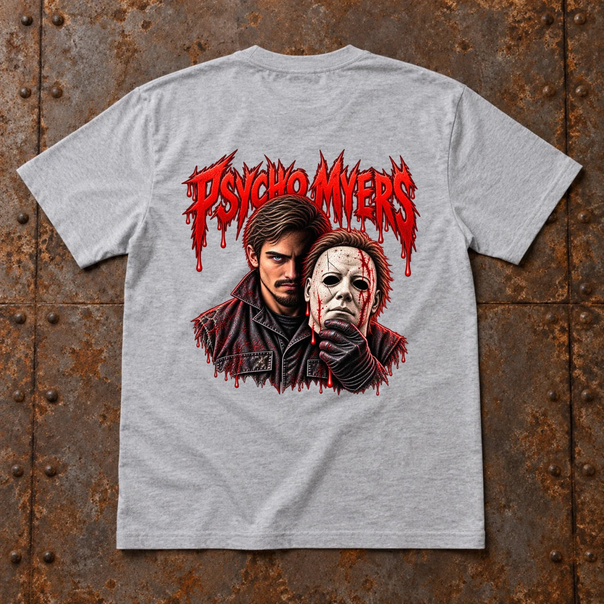 Leeres graues T-Shirt auf Rostmetall